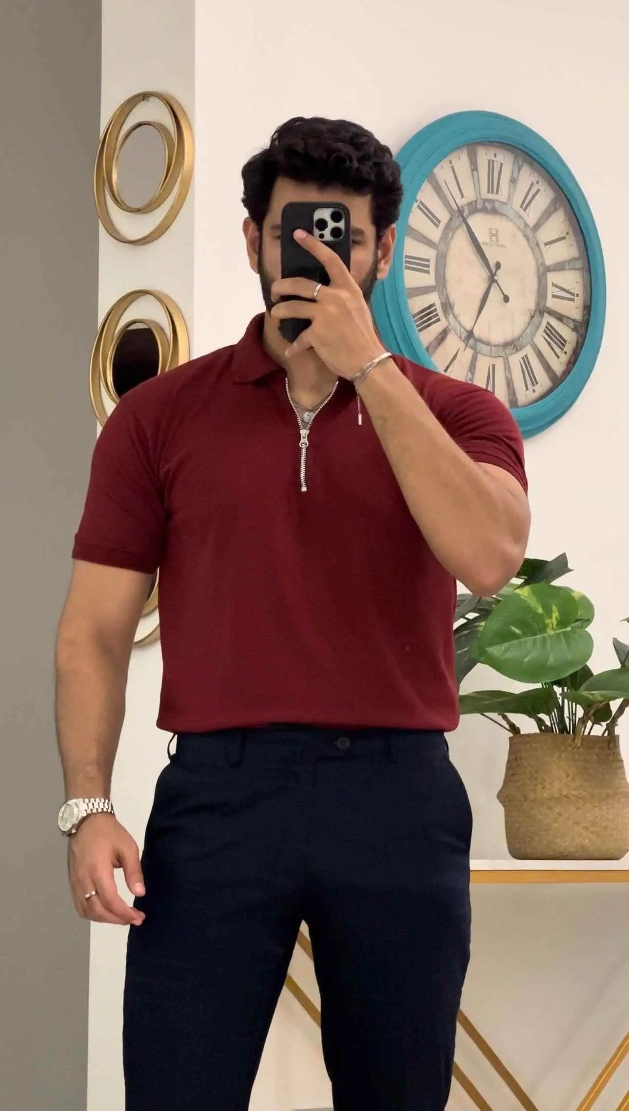 Maroon zipper polo shirt for men
