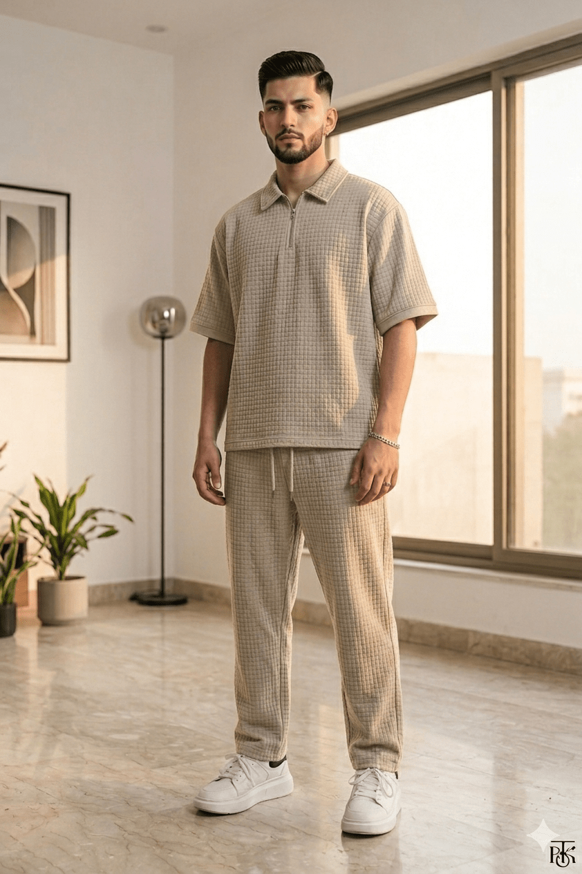 Loose Fit Men's Solid ColorPolo Zipper Shirt & Pants Set