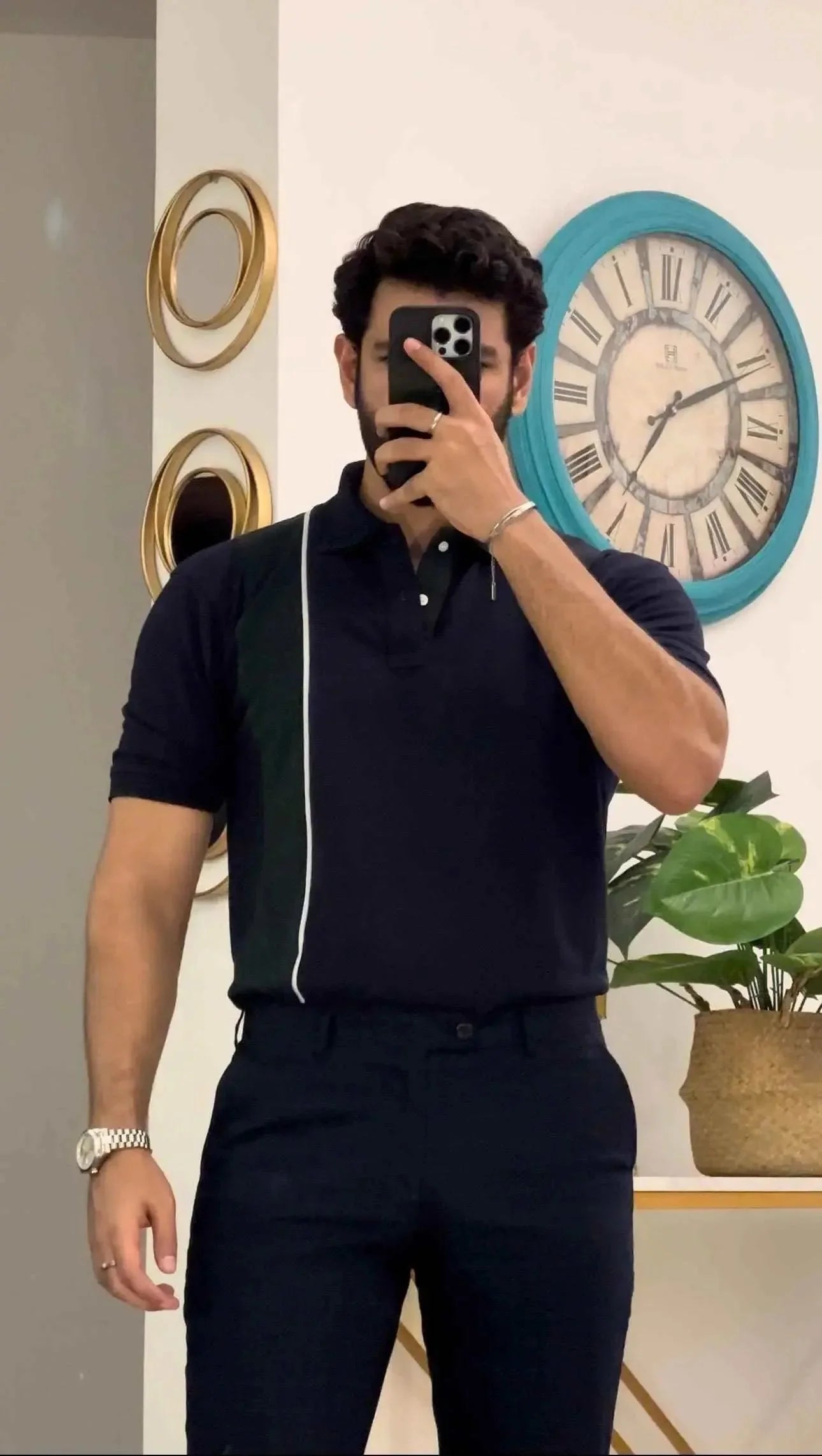 Navy blue polo shirt green stripe menswear
