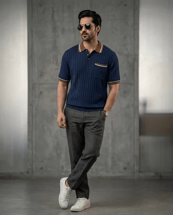 Slim Fit Ribbed Knit Polo T-Shirt for Men – Premium Fabric