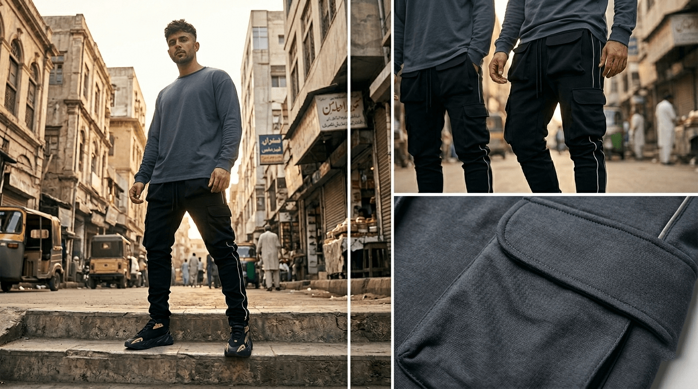 Black cargo pants white stripe hip hop mens
