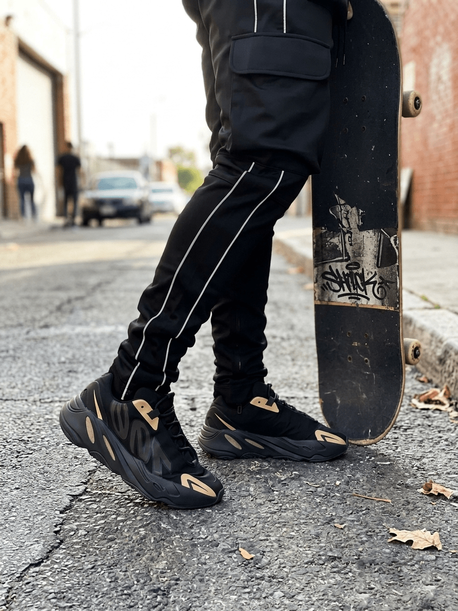 Black cargo pants white stripe hip hop mens