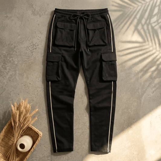 Black cargo pants white stripe hip hop mens