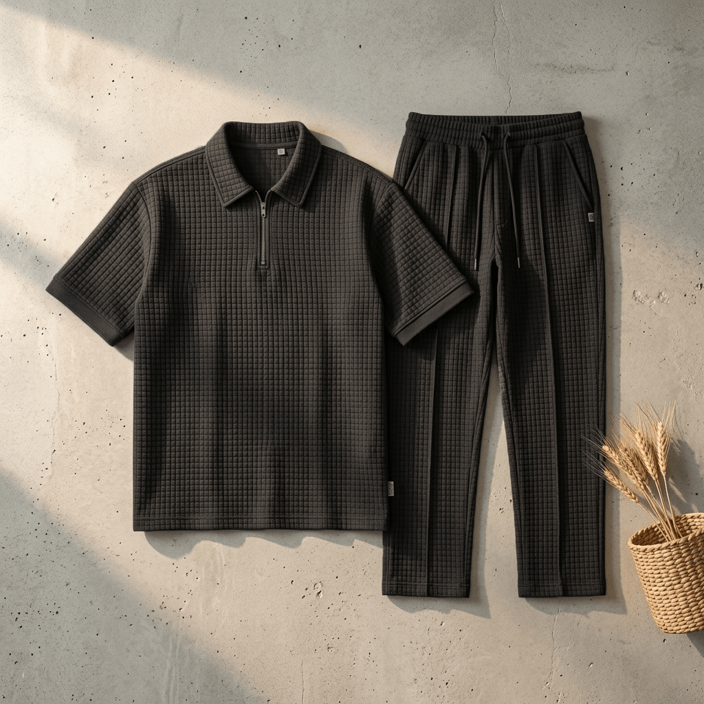 Loose Fit Men's Solid ColorPolo Zipper Shirt & Pants Set