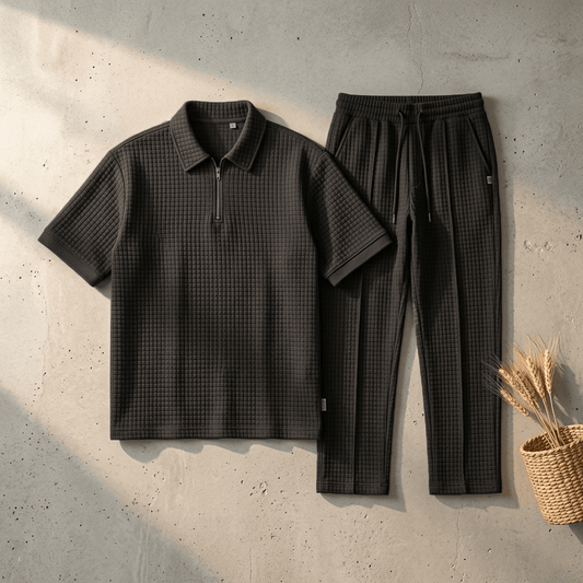 Loose Fit Men's Solid ColorPolo Zipper Shirt & Pants Set