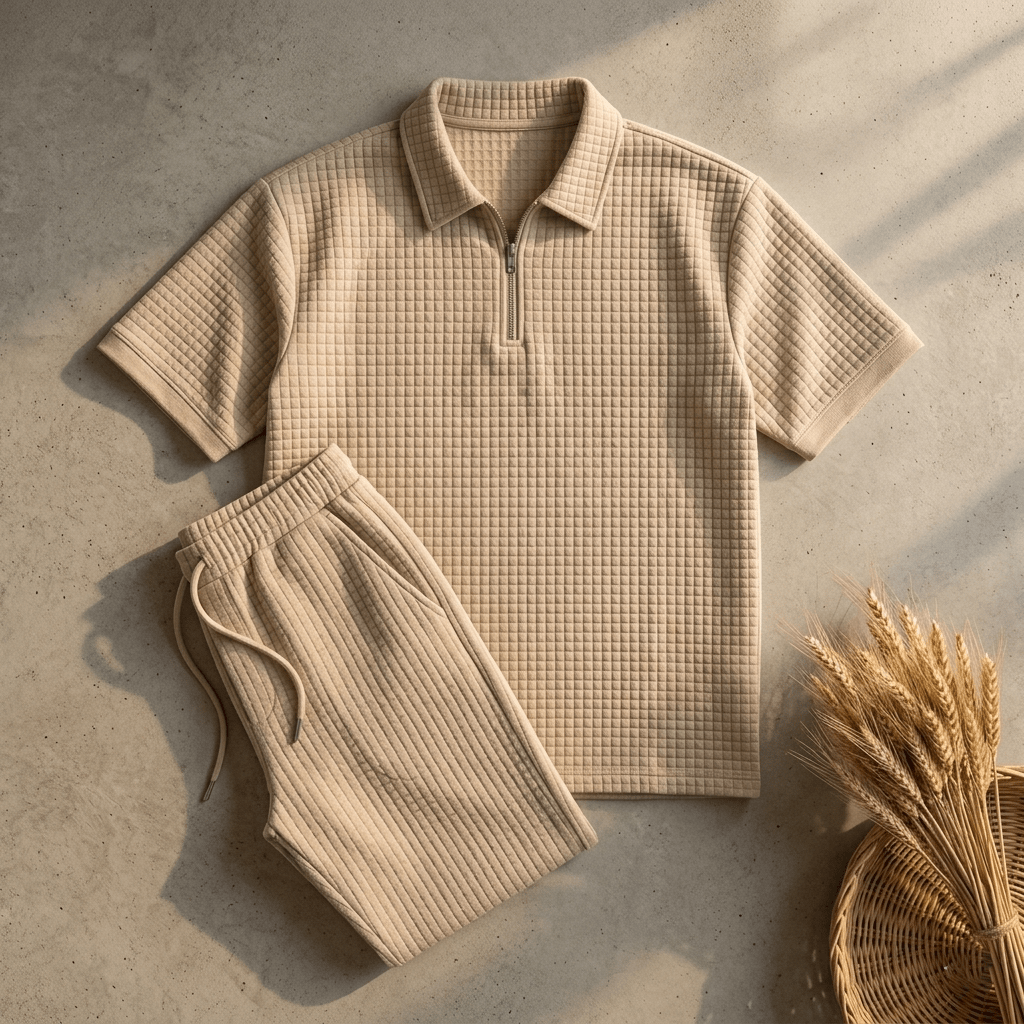 Loose Fit Men's Solid ColorPolo Zipper Shirt & Pants Set