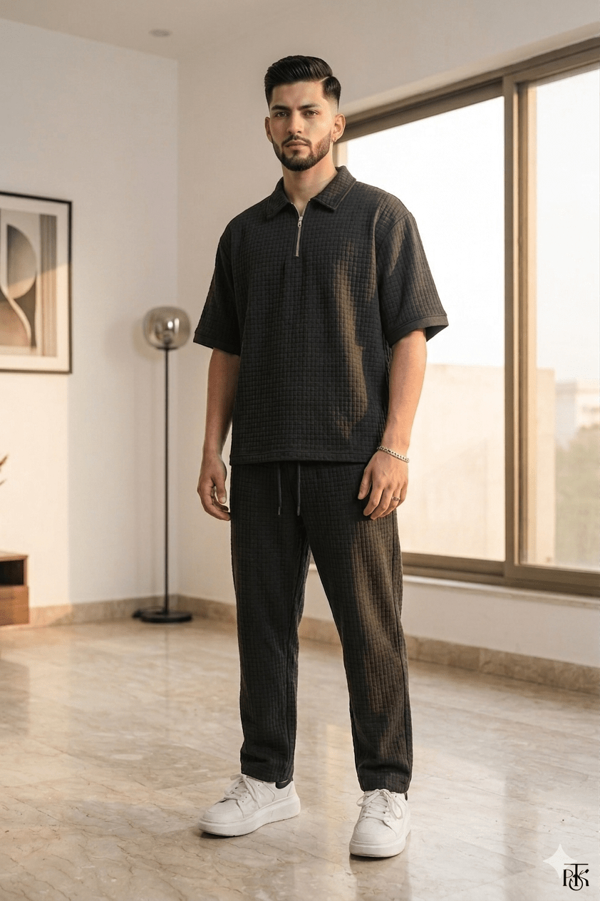 Loose Fit Men's Solid ColorPolo Zipper Shirt & Pants Set