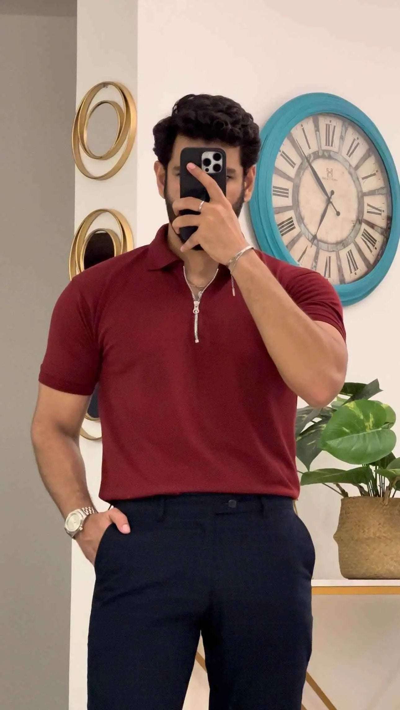 Maroon zipper polo shirt for men