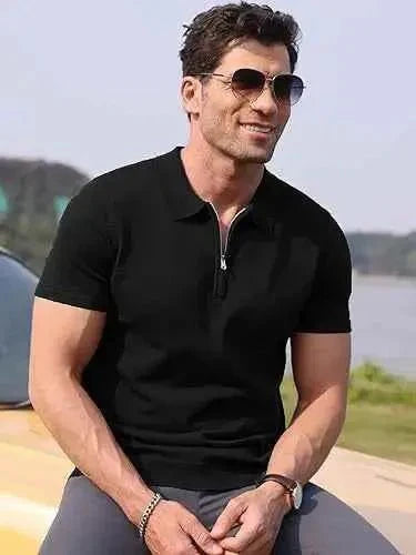Oversize Mens black zipper polo shirt outfit