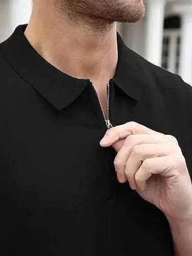 Oversize Mens black zipper polo shirt outfit