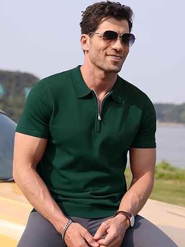 Mens bottle green zipper polo shirt
