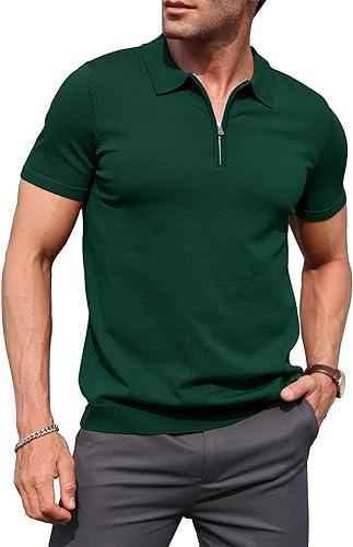 Mens bottle green zipper polo shirt