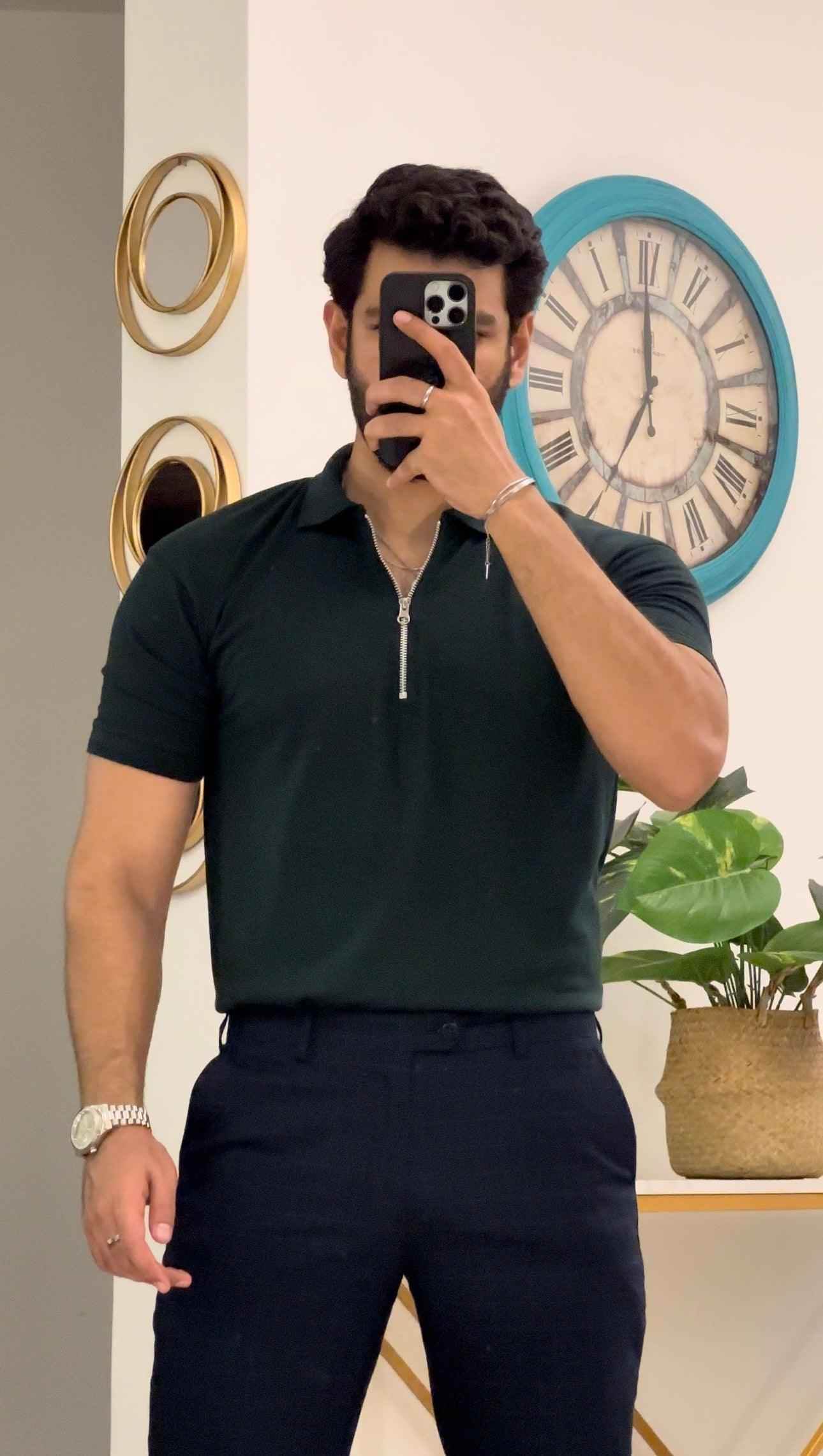 Mens bottle green zipper polo shirt