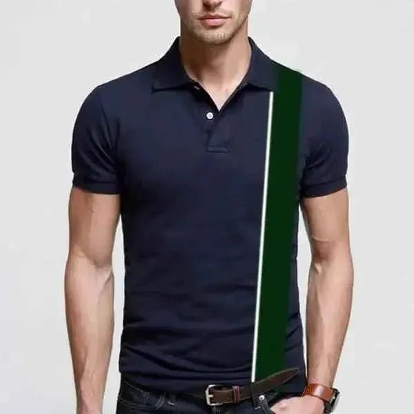 Navy blue polo shirt green stripe menswear