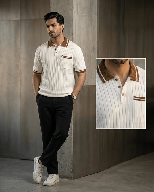 Slim Fit Ribbed Knit Polo T-Shirt for Men – Premium Fabric