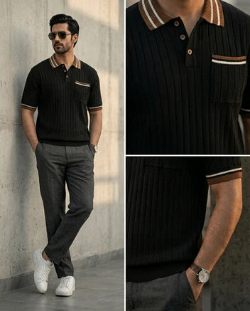 Slim Fit Ribbed Knit Polo T-Shirt for Men – Premium Fabric