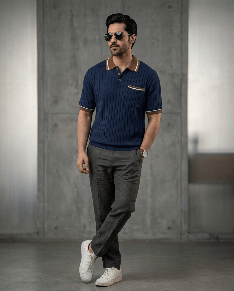 Slim Fit Ribbed Knit Polo T-Shirt for Men – Premium Fabric