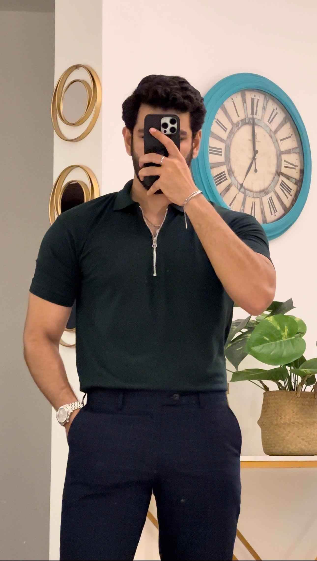 Mens bottle green zipper polo shirt